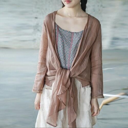 Johnature Women Summershirts Ramie Solid Color Cardigan 2021 New Long Sleeve Belt Blouses Summer Casual Tops Irregular Shirts