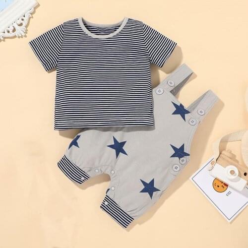 Pants suit Korean boy summer two-piece suit striped top star pattern overalls