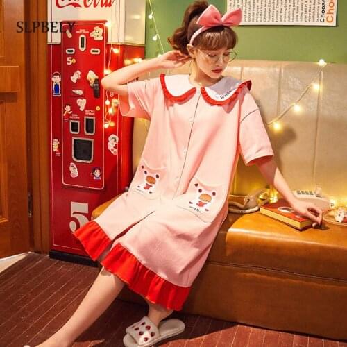 SLPBELY Summer Princess Cotton Women Nightdress Nightgown Lovely Cartoon Sweet Doll Collar Sleepwear Homewear Nightwear 2021 NEW