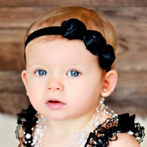 Amazon Best Sell 0-3 Years Infants Child 3 Rose Flower Hair Band Baby Black Red Solid Color Elastic Kids Headbands For Girls