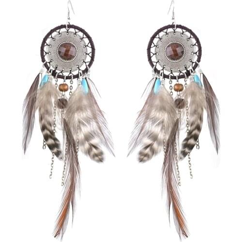 Indian/African Dream Catcher Big Long Tassel Dangle Earring Bohemian Feather Rope Wrap Drop Earrings Women Ethnic Tribal Jewelry