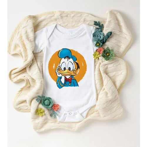 Mickey Mouse Disney Donald Romper Baby Short Sleeve Jumpsuit White O-neck Soft Kids Clothes Newborn Jumpsuit Infant Bodysuit