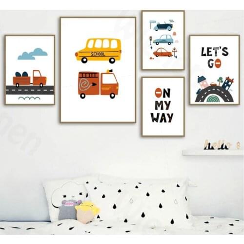 Cartoon Car City Road Painting Wall Art Children Poster Canvas Print Alphabet Quotes Picture Wall Decoration Home Children Room