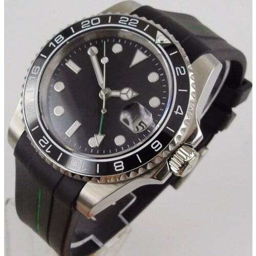 PARNIS Brand Automatic Wristwatch Male Sapphire Glass GMT Hand Rotating Bezel Rubber Band