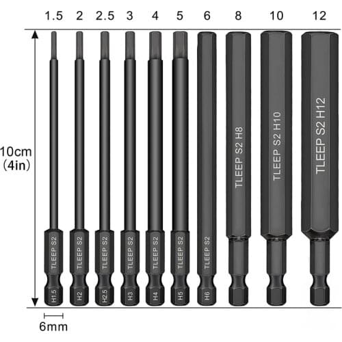 10Pcs Metric Hex Head Allen Wrench Drill Bits Set 100mm Hex Bit Set S2 Steel Allen Screwdriver Bit Magnetic Hex Key Drill Bit