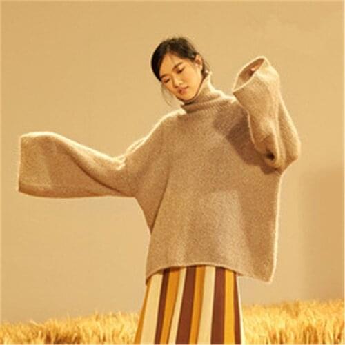 New fashion 100% hand made wool knit women brief turtleneck solid loose H-straight pullover sweater one&over size