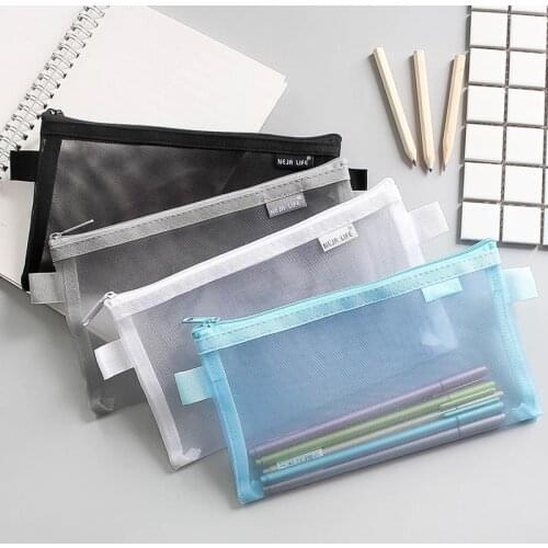 2021 1PC Pure Color Mesh Pencil Case Simple Transparent Mesh Document Bag Zipper Stationery Bag Nylon Bag Office School Supplies
