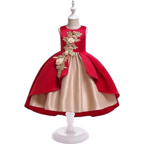 Girls Rose Embroidery Princess Dress Girls Sleeveless O-neck Irregular Hem Long Dress with Waistband Childrens Clothing