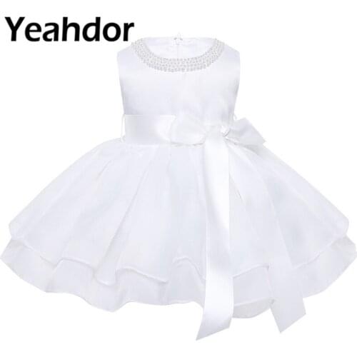 Infant Baby Girls TuTu Party Dress Pearl Neck Sleeveless Flower Dress Christening Baptism Dress for Girls Summer Clothing