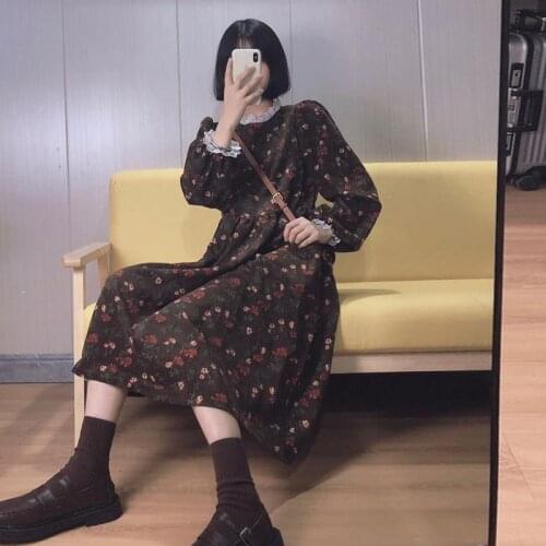 Dresses for Women Autumn Winter Stitching Lacework round-Neck Floral Corduroy Dress Vestido De Mujer