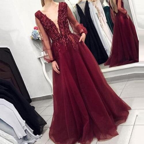Prom dresses appliques long sleeve flowers tulle a line evening dresses fashion party dresses 2019