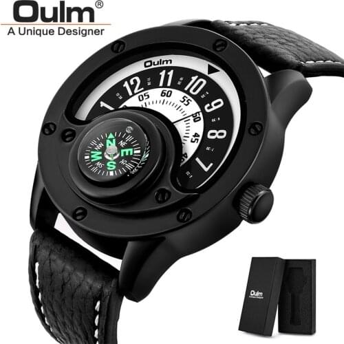 OULM 3880 Men Luxury Sport Quartz Wristwatch Mens Leather Watches Decorative Compass Big Size Male Watch Relogio Masculino