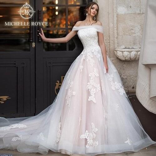 Michelle Royce A-Ling Wedding Dresses 2020 Strapless Off The Shoulder Appliques Lace Up Chapel Train Vestido De Noiva