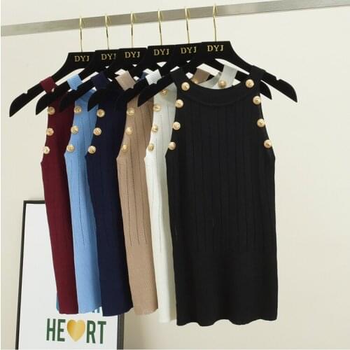 Women Button Hollow Out Knitted Tank Tops Female Girls Double Breasted Knit Sleeveless Sweater Tanks