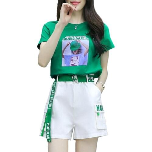 Womens Summer New Suit Student Casual Wear 2 Sets Female Fashion Printed Short Sleeves + Loose Shorts Two Sets Give Away Sashes