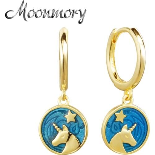 Moonmory 100% 925 Sterling Silver Star Single Horned Beast Earrings For Women Party Hoop Earrings Blue Enamel Pattern Jewelry