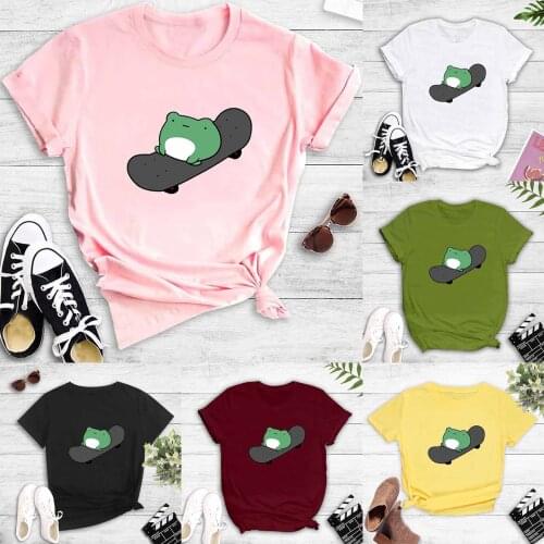 2021 Women O-neck Pullover Cute Skateboard Printing Short Sleeves T-shirt Tops Large Size Casual Comfortable Woman Tshirts F