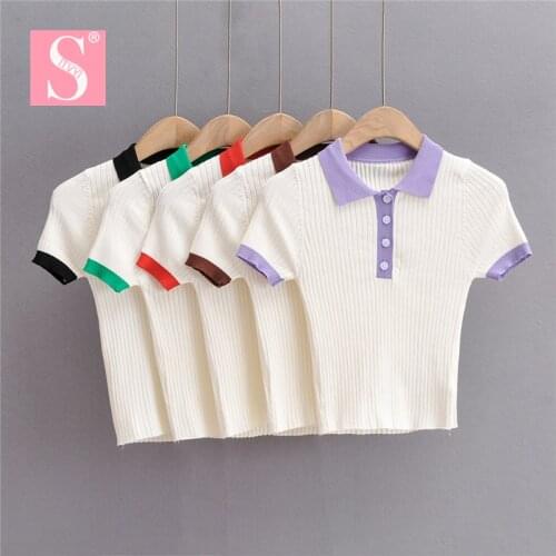 STVY Stretchy Short Sleeve Crop Tops Women 2021 Summer Female Polo Collar Patchwork Knitting Tees Buttons Up Clothes