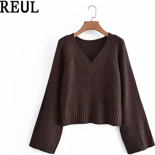 REUL Za Women 2021 Fashion Brown Jacquard Knitted Loose Sweater Vintage V Neck Long Oversized Sleeve Female Pullovers Chic Tops