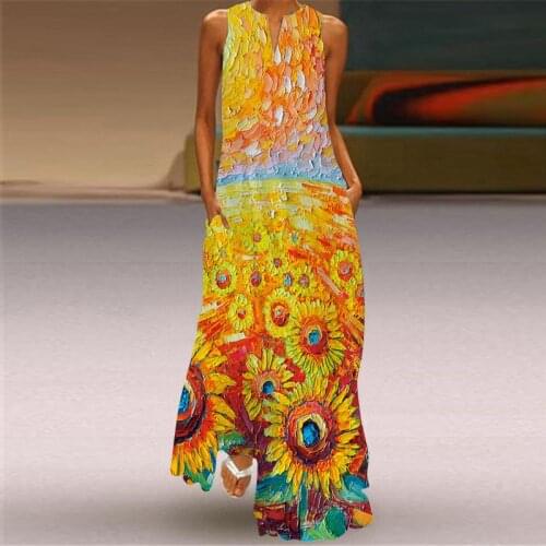 Summer Women 2021 Printed Flowers Brief Sleeveless Casual Sexy Dress Sundress Ladies Elegant Party Vintage Floor Long Dresses