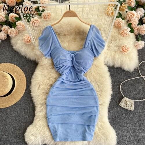 Neploe Square Collar Clavicle Exposed Sexy Dress Women High Waist Hip Skinny Pleat Vestido Summer Short Sleeve Robe 2021 New