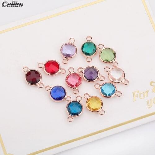 10pcs/lot 8mm Rose Gold Color Crystal Birthstone Connector Charms For Diy Bracelet Making 2 Holes Small Beads Jewelry Findings