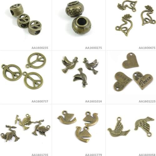 Antique Bronze Tone Jewelry Making Charms Peace Bird Pigeon Dove Love Heart Anti War Signs Loose Beads Bracelet Pendant Necklace