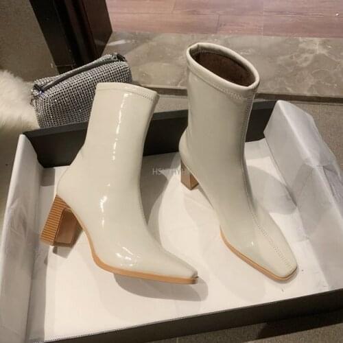 New Black Patent Leather Ankle Boots Women Autumn Winter Slip on High Heels Short Boots Woman Square Toe Booties Ladies