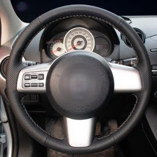 Handsewing Black Artificial Leather Steering Wheel Covers for Mazda 2 2008-2014