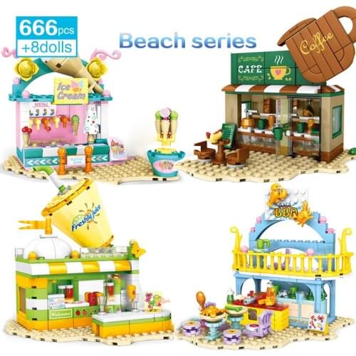 Seaside Beach Street View Cottage Building Blocks Barbecue Ice Cream Coffee Juice Cabin Girls Creative Model Assembled Toys Set
