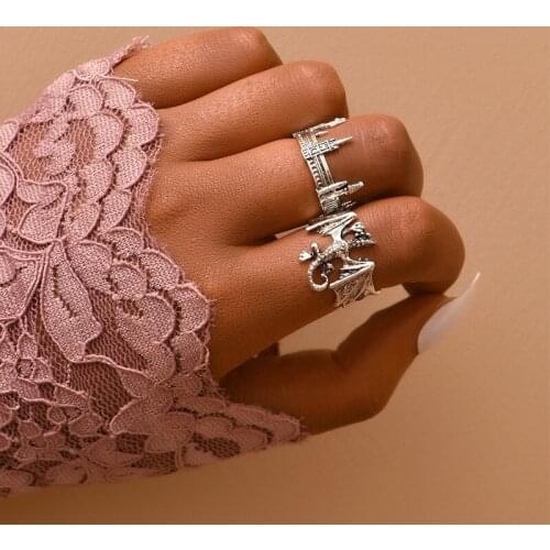 2 Pcs/Set Creative Dragon City Finger Rings for Women Men Punk Personality Building Rings Set Vintage Jewelry Gifts