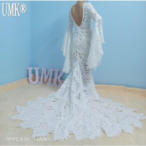 UMK Unique Leaves Lace Boho Wedding Dress Vintage Mermaid Flared Sleeves Elegant Open Back Bridal Gowns