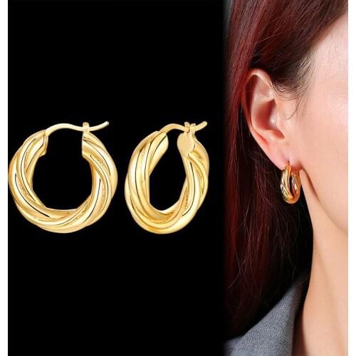 Chunky Women Tube Hoops Earrings Brass Twist Gold Color Bold Thick Circle Earrings