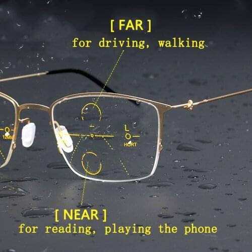 Fashionable Progressive Multifocal Reading Glasses for Men Women to Read See Near Hyperopic Anti Blue Ray half frame metal gold