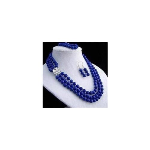 Lovely nice bridal jewelry 3 rows 8mm lapis lazuli necklace bracelet earring sets woman word wholesaleLuxury Ms. girl Wedding