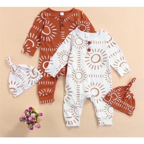 Fashion Babys Clothing Casual Jumpsuit with Hat Sun Printing Long Sleeve Pants Cotton Autumn Fall Boy Girl Rompers