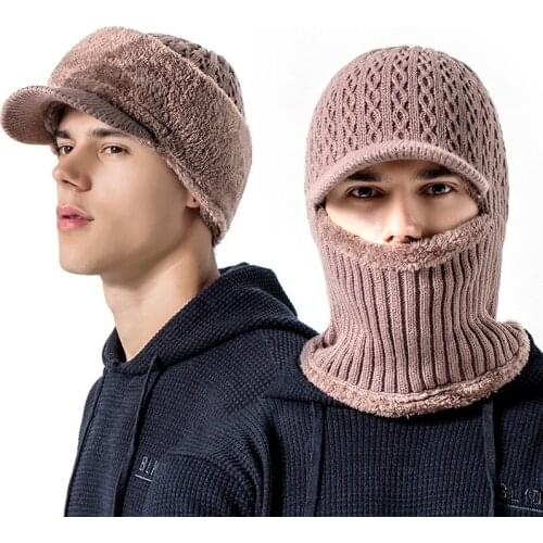 Men Thicken Siamese Knit Beanie Hat Scarf