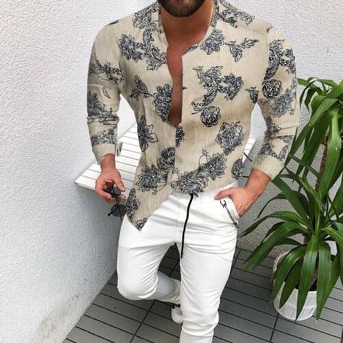 Personality Men Casual Slim Cotton Linen Shirt Men Long Sleeves Print Hawaiian Beach Casual FloralSingle Breasted Cardigan Shirt