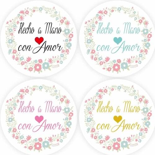 DouxArt 100 Pieces Stickers Hecho a Mano con Amor , 4cm Garland Favors Labels for Wedding Baptism Communion Decoration Gift Box