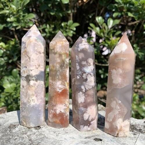 Natural Crystal Quartz Point Healing Stone Tower Cherry Blossom Agate Hexagonal Prisms Obelisk Wand Stone Tower Home Decor