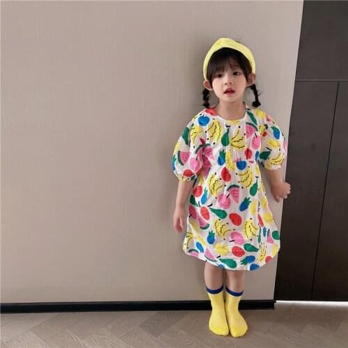 2021 New Spring Summer Baby Clothing Girls Princess Korean Fashion Cartoon Fruits Print Cotton Dresses