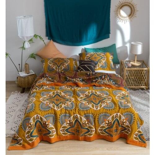 3pcs Bohemian Cotton Gauze Quilt Bedspread for Bed Yellow Yarn Blanket Travel Flower Bed Linen Soft Throw Blanket Pillow Towel