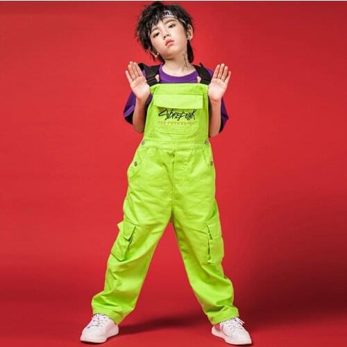Hip Hop Clothes Boys Costume Dance Neon Green Bib Pants For Street Dance Performance Children Boys Hip Hop Dance Wear BL1932