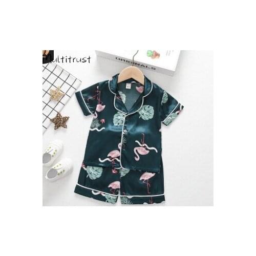Baby Girl Boy Pajamas Nightclothes Short Sleeve Summer Shirt Set V-Neck Lapel Flamingo Leaf Print