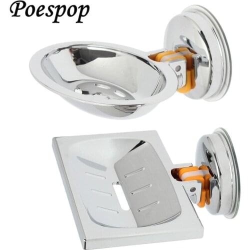 POSEPOP Round Square Type Plated Classic Bathroom Shower Sink Soap Dish Holder Stainless Steel Basket Suction Cup Home Decorate