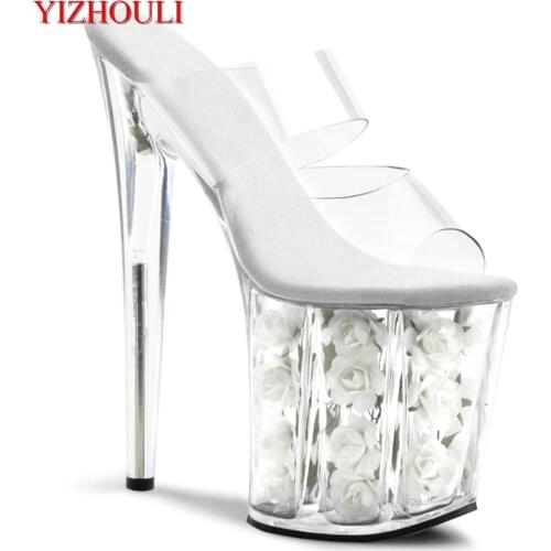 Full Transparent Crystal Slippers Romantic Rose Bride Wedding Shoes 20cm Ultra High Heels Platform 8 Inch Flower Crystal Shoes