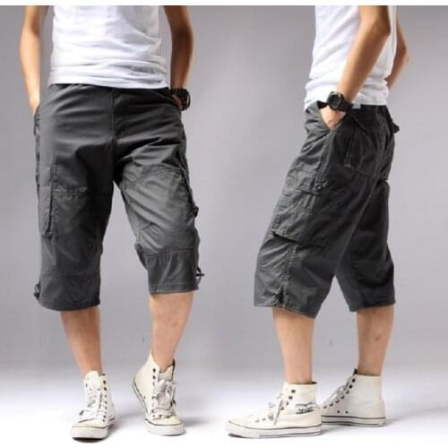 2021 Summer Long Length Cargo Shorts Men Knee Pocket Casual Cotton Elastic Waist Bermudas Men Military Style Capri Breeche Army