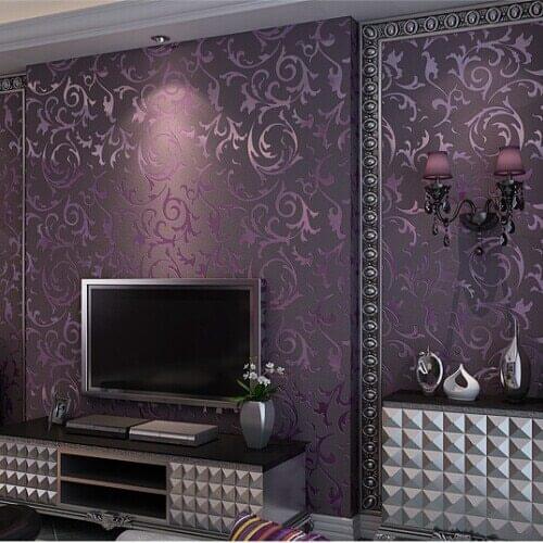 3d Papel de Parede Purple 3d Leaf Wallpaper Roll Vinyl 3d Flocking Wall paper Rolls for Living Room TV Background wallcoverings