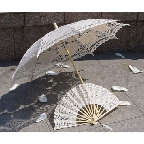 Battenburg Ivory Belle Parasol Umbrella 30 Inch & Hand Fan Wedding Bridal
