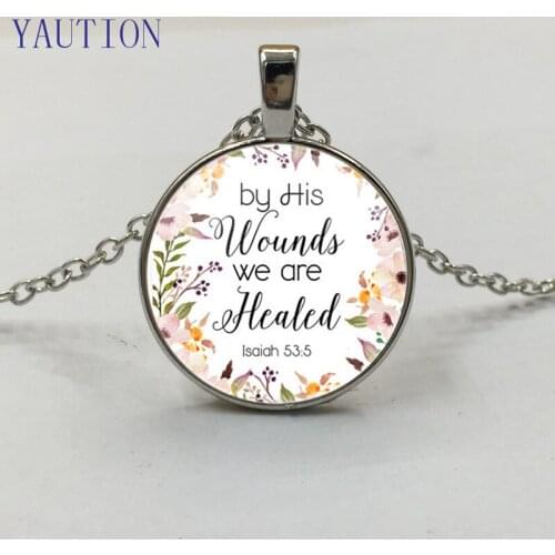 By His wounds we are healed Isaiah 53 5 Bible Verse Necklace Glass Tile Pendant Fashion Jewelry Women Men Christian Gift